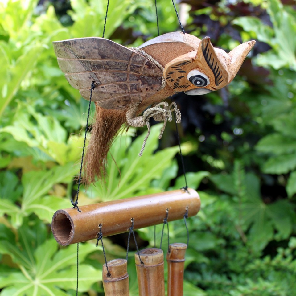 Handmade Coconut and Bamboo Owl Wind Chimes